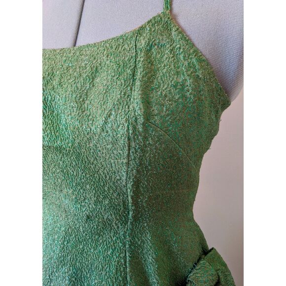 Vtg 60s Bombshell Green Brocade Lamé Halter Neck Cocktail Wiggle Dress, Sz 2 - Picture 6 of 14